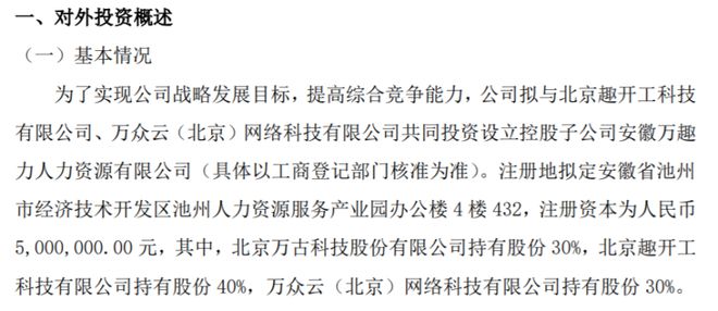 万古科技拟与趣开工科技、万众云共同500万设立控股子公司 其中公司持股30%365买球 世界杯买球官网(图1)
